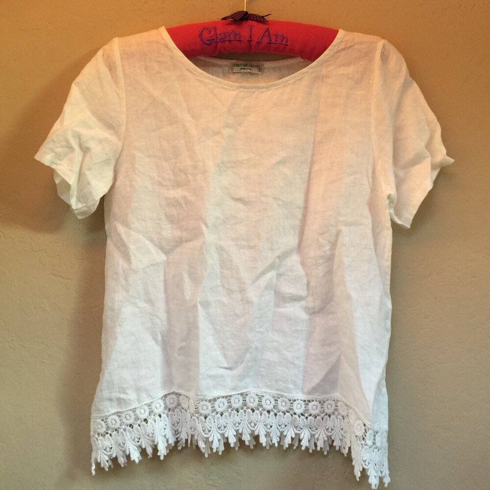 Terzo Millennio Womens Small Embroidered Linen Shirt Top White Short Sleeve